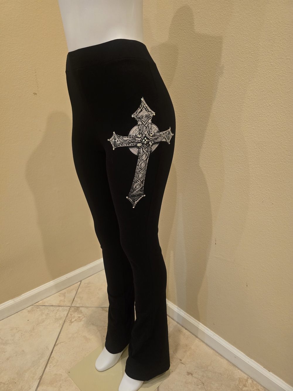 Black Women's Stretch Pants with Embellished Cross Detail